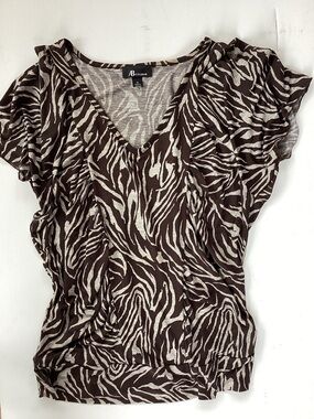 AB Studio Brown & Cream Zebra V-Neck Flutter Sleeve Top